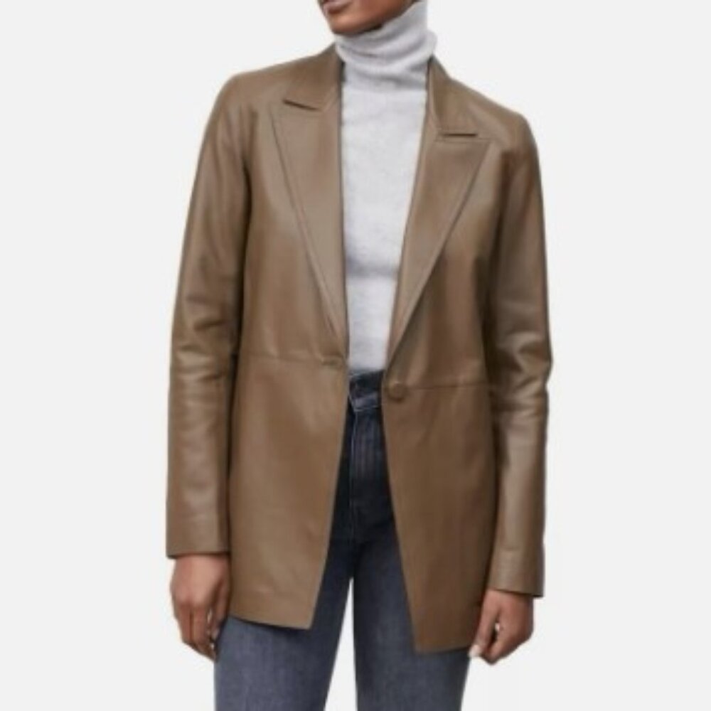 $1,698 Lafayette 148 New York Brown Steele Lambskin Leather Blazer Size Small